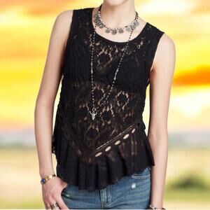 Free People Black Lace Tank Top Hi Low Sleeveless Tank  sz Small